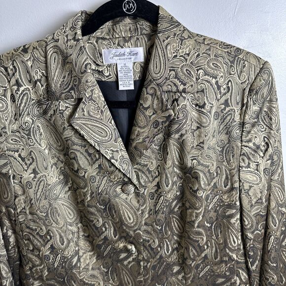 Judith Hart Womens Gold Metallic Paisley Print Lined Blazer Jacket Size 12 - Picture 2 of 12